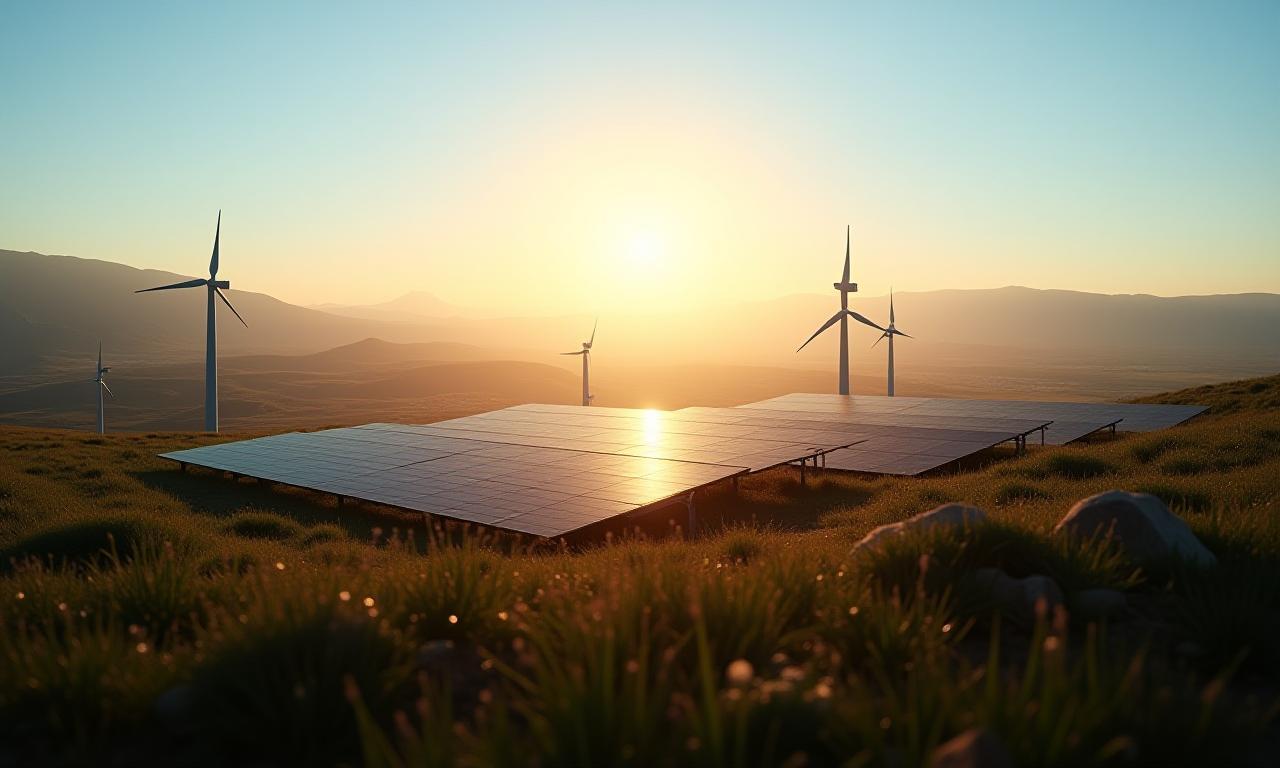 Imagen de un paisaje solar y eólico en Chile con el texto 'Impulsamos el futuro con energía limpia'